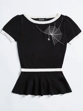 ModCloth Black Knit Peplum Top with White Spiderweb Accent